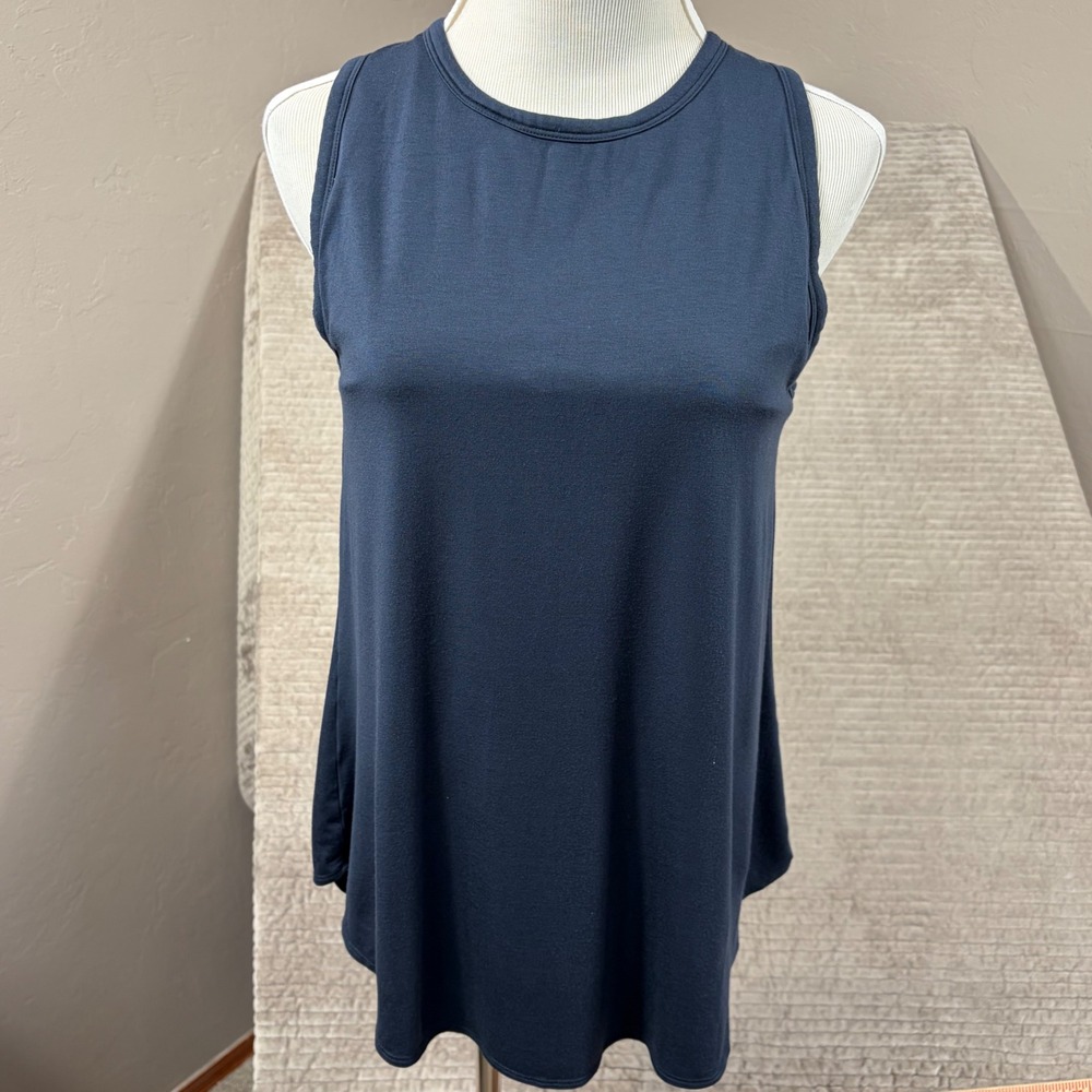Shebird Navy Blue Modal Spandex Built-in Bra Tank Top Pleated Back Size 5